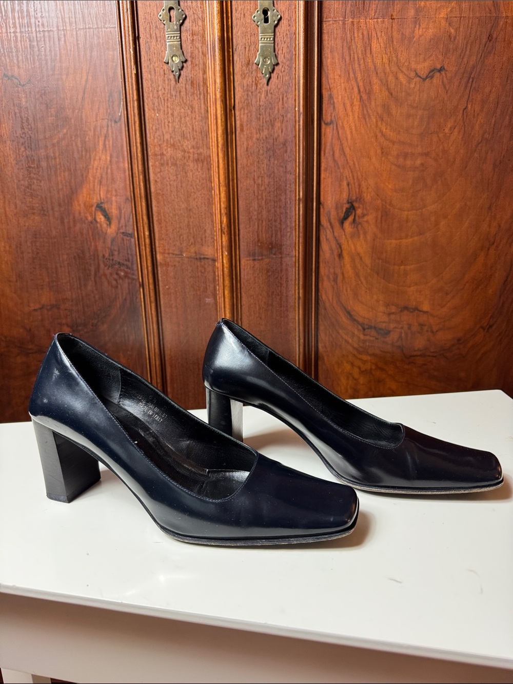 Coach Dark Navy Patent Square-Toe Block Heel Pumps